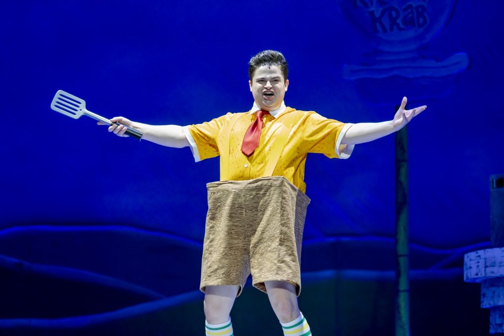 Spongebob, played by Josh Galloway, grasps onto his spatula during the show’s opening number, ‘Bikini Bottom Day.’ 