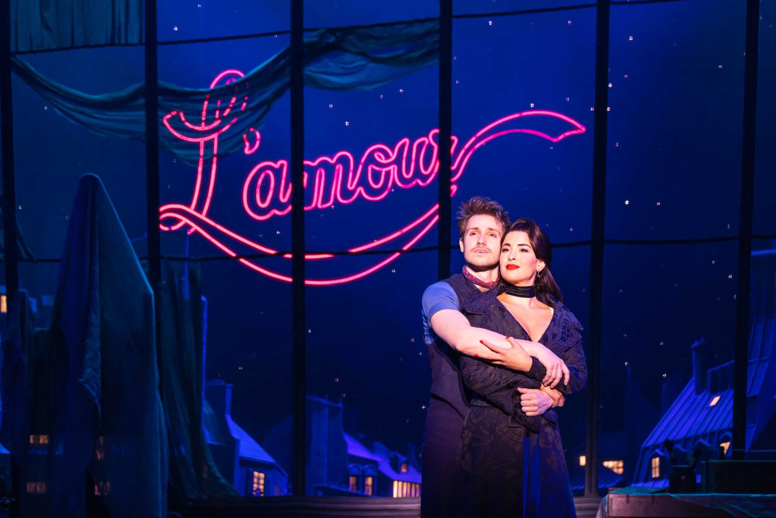 John Cardoza as Christian and Courtney Reed as Satine in the North American Tour of Moulin Rouge! The Musical, Photo by Matthew Murphy