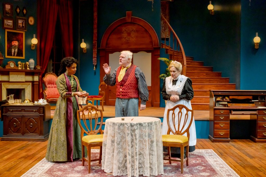 Kristin Yancy as Bella, Jim Hopkins as Sergeant Rough, Karen MacDonald as Elizabeth in Gaslight.