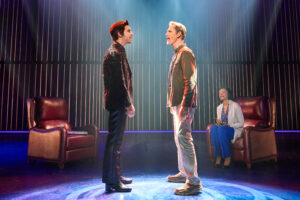 (From left) Nick Fradiani as 'Neil - Then,' Robert Westenberg as 'Neil - Now' and Lisa Reneé Pitts as 'Doctor' in A Beautiful Noise_ The Neil Diamond Musical