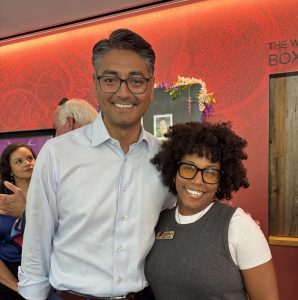 Cincinnati Mayor Aftab Pureval smiling with Candice Handy, Associate Artistic Director of Cincinnati Shakespeare Company at the fundraising campaign launch.